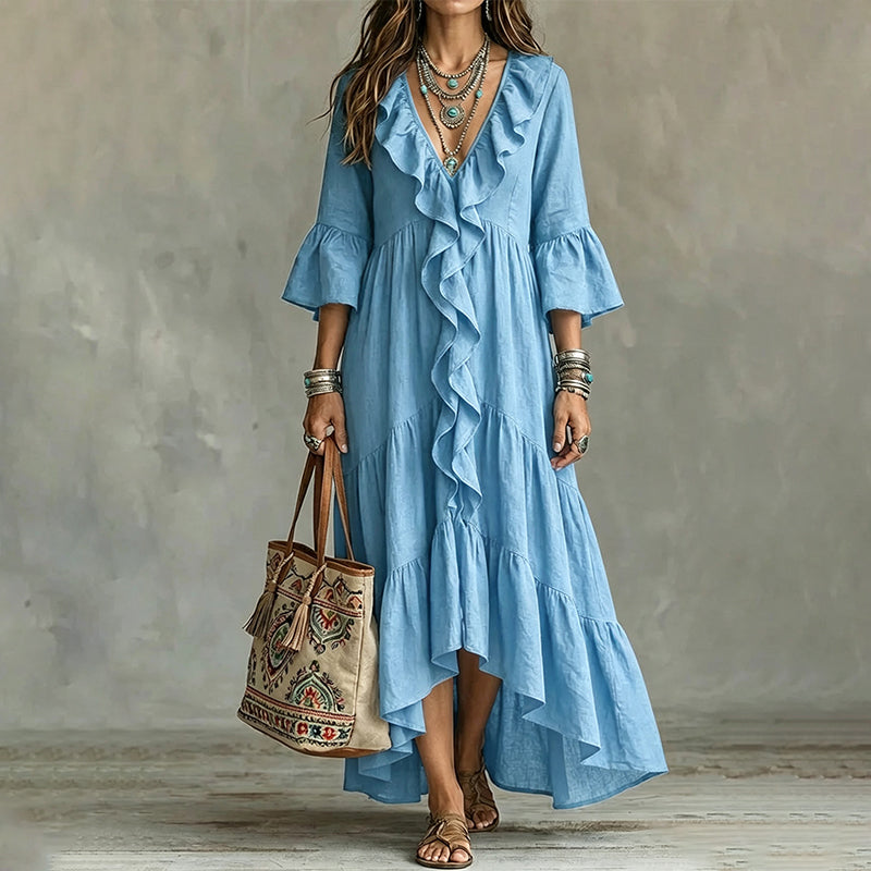 Robe midi femme bohème à volants avec col V