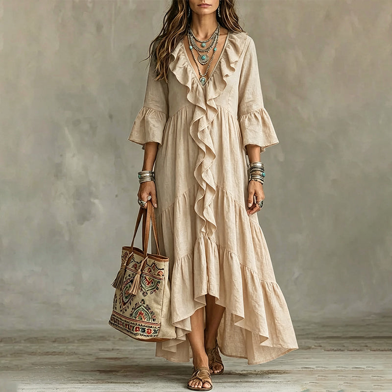 Robe midi femme bohème à volants avec col V