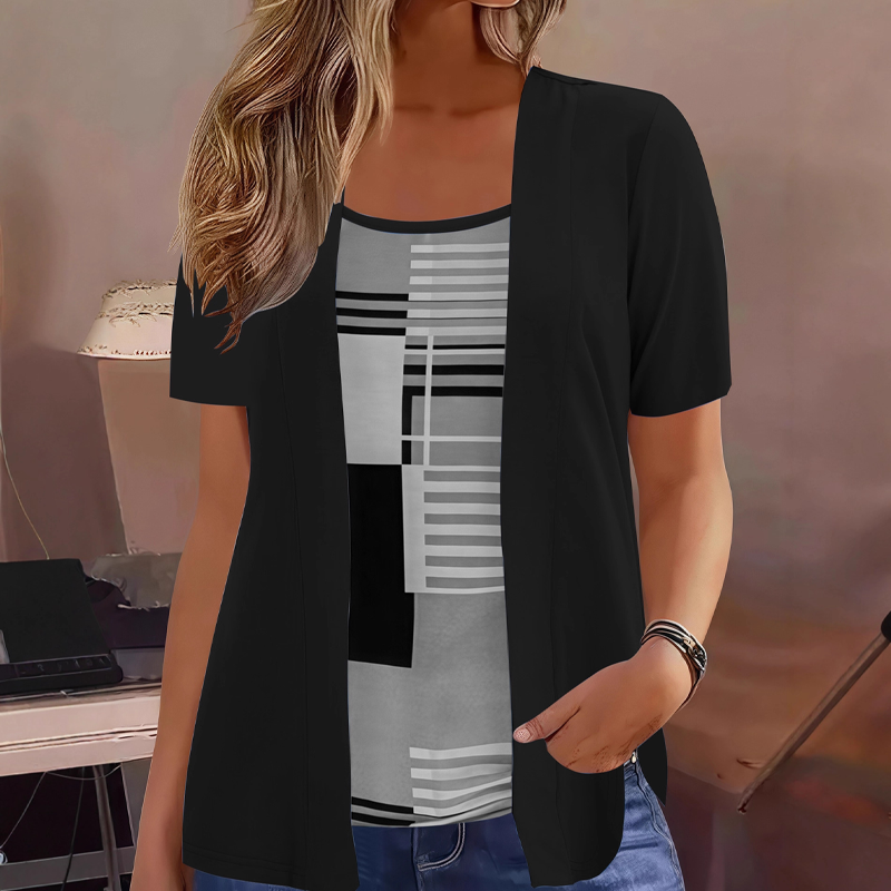 T-shirt femme effet superposé à imprimé géométrique