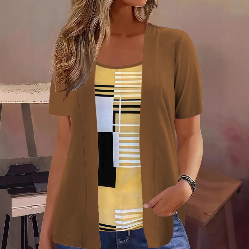 T-shirt femme effet superposé à imprimé géométrique