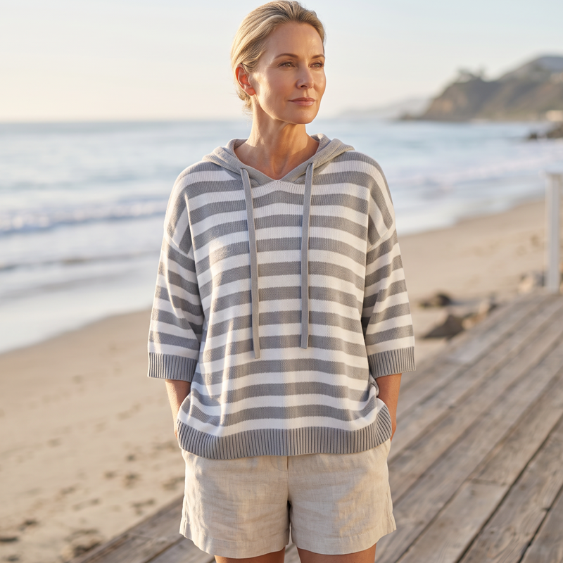 Sweat à capuche femme rayé en maille confortable