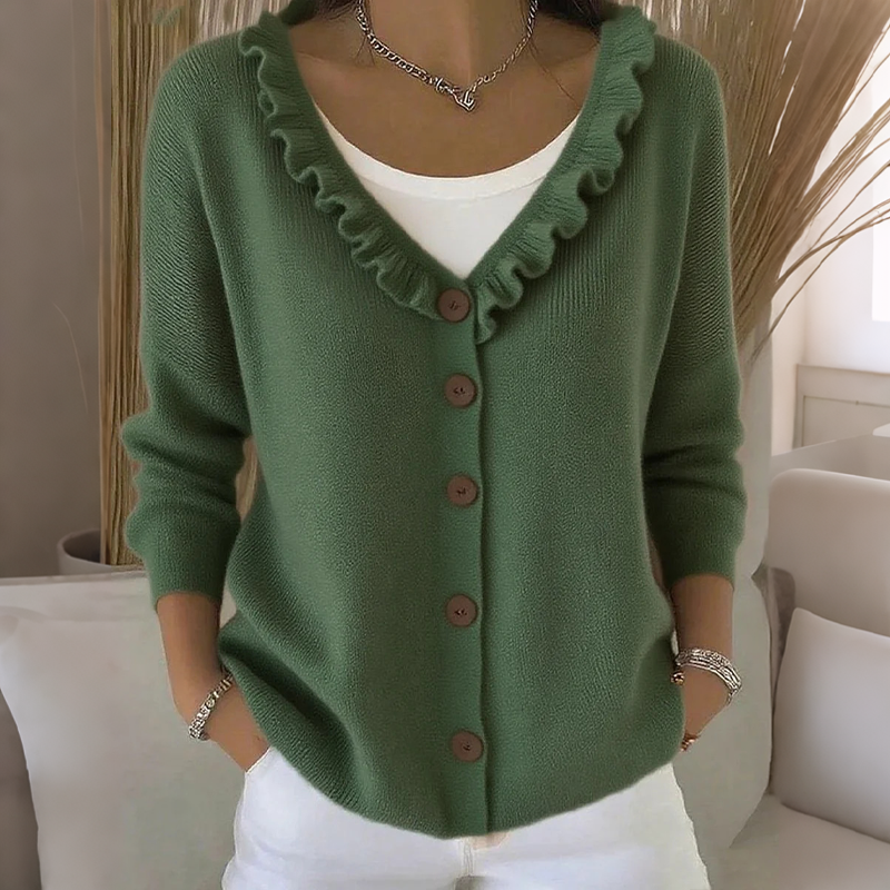 Cardigan femme boutonné en maille avec col volanté
