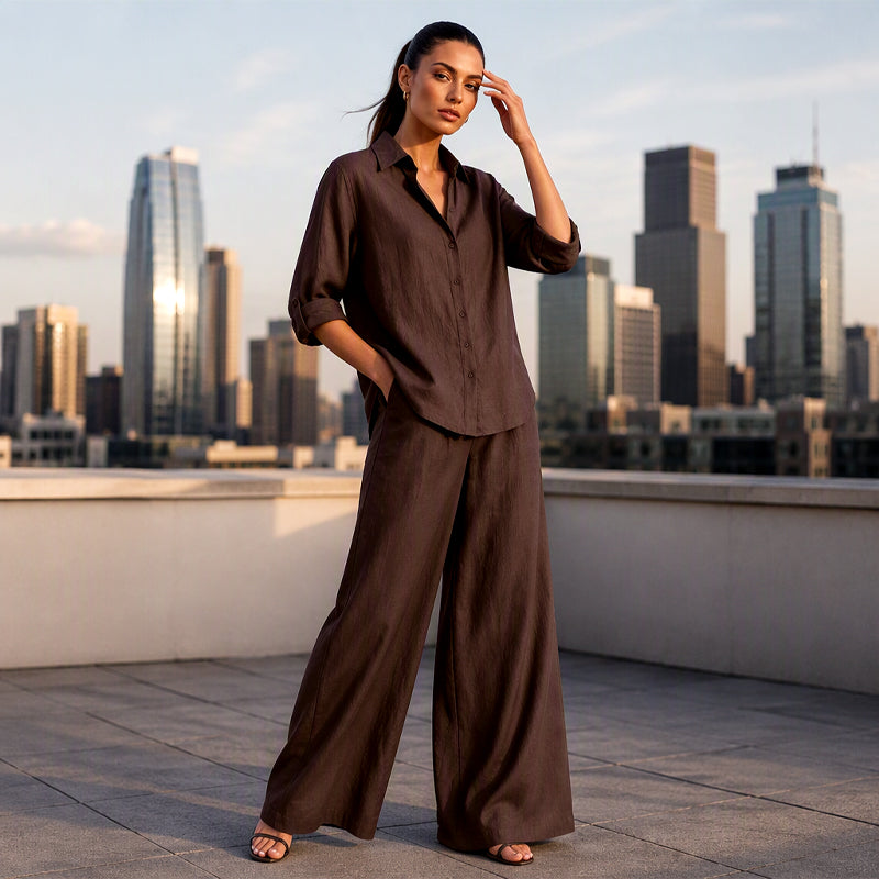 Ensemble femme chemise boutonnée et pantalon large fluide
