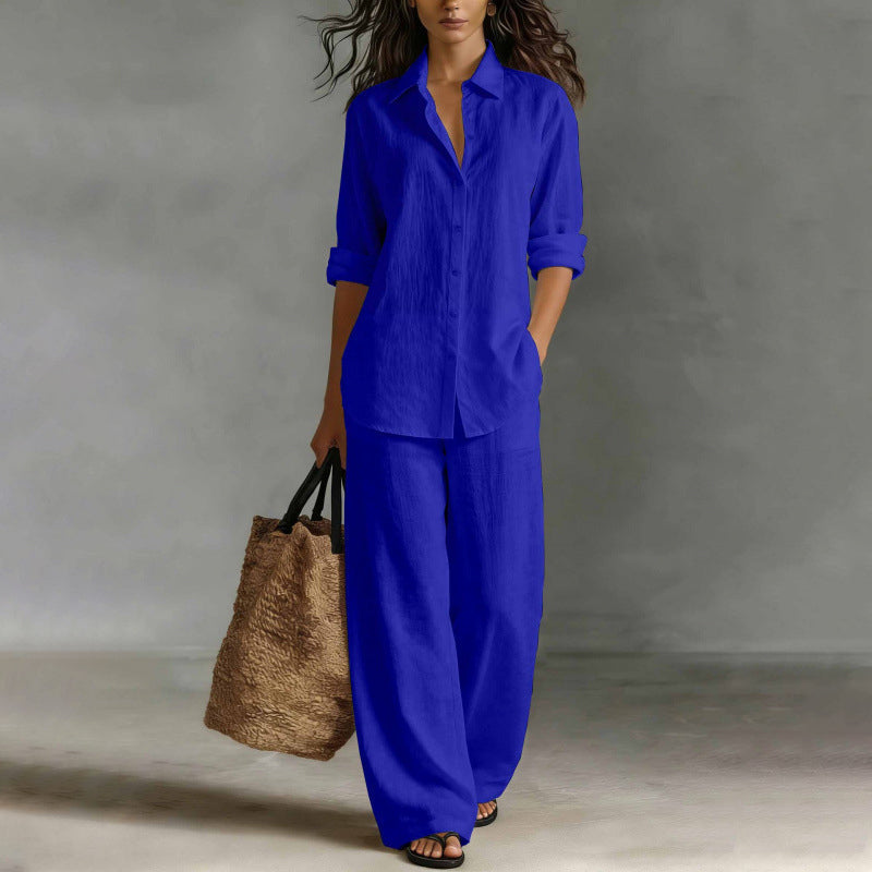 Ensemble femme chemise boutonnée et pantalon large fluide
