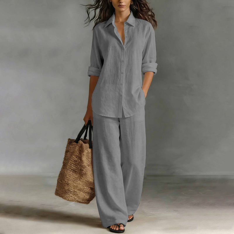 Ensemble femme chemise boutonnée et pantalon large fluide