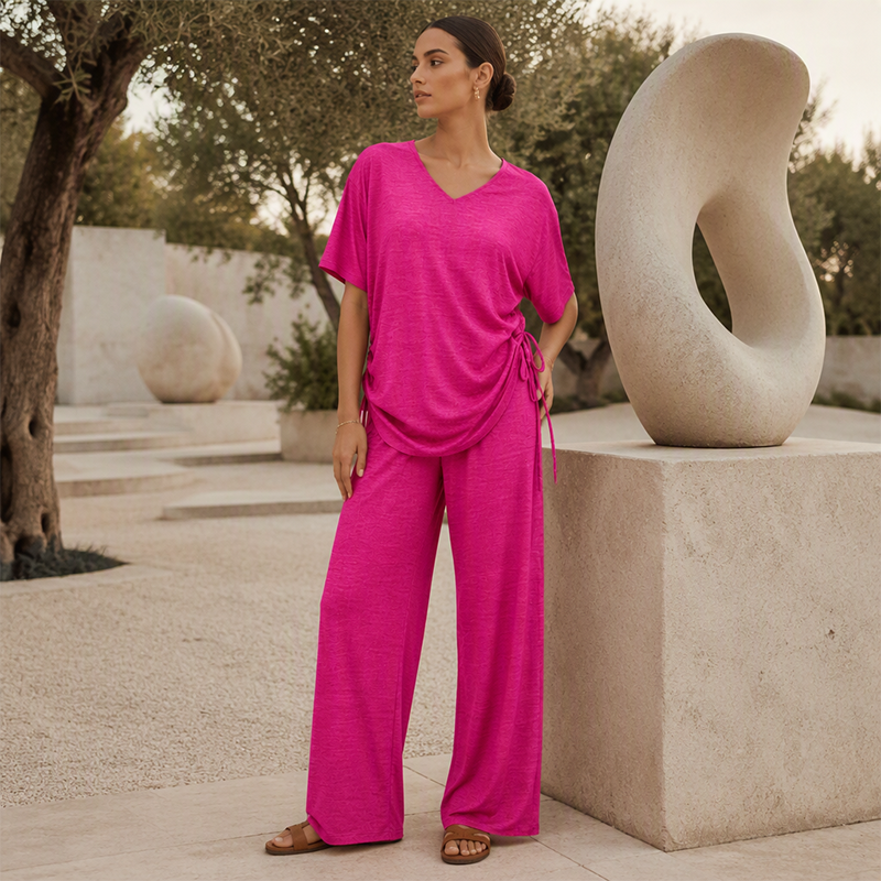 Ensemble femme fluide à col V avec pantalon large