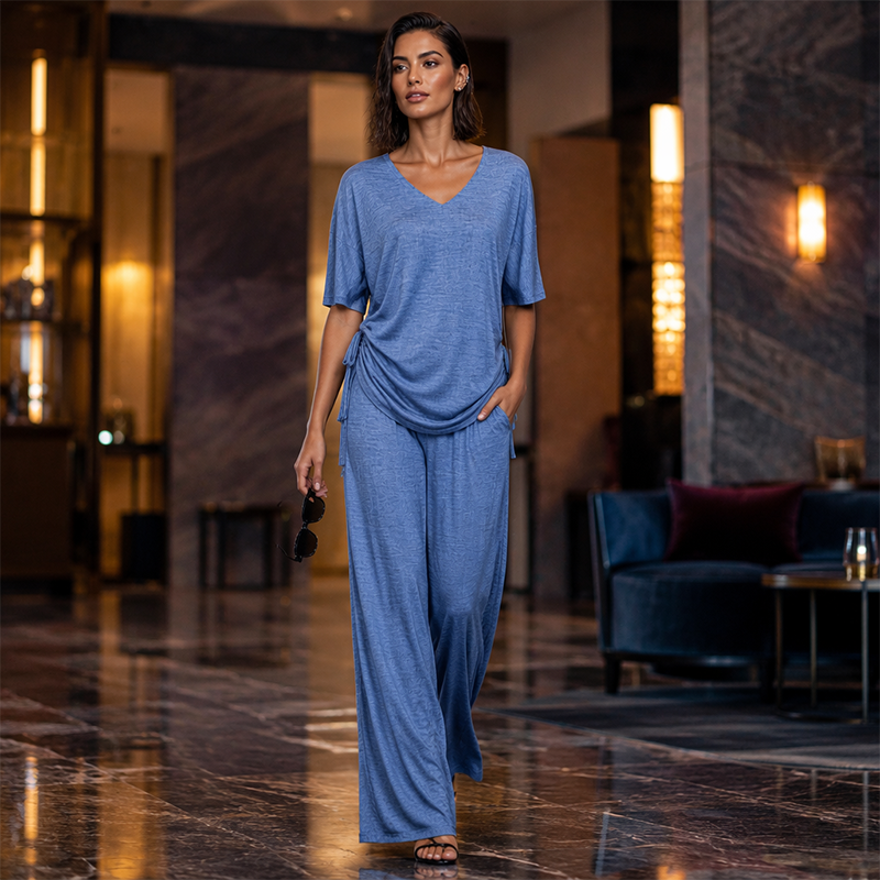 Ensemble femme fluide à col V avec pantalon large