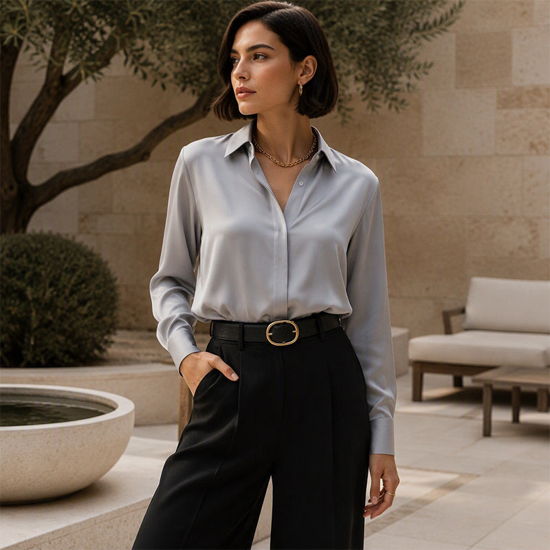 Blouse femme satinée à col chemise élégant