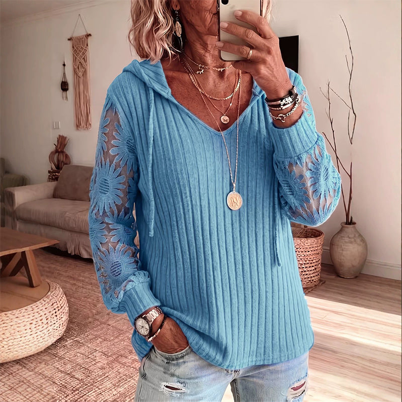 Top femme à capuche avec manches dentelle florale