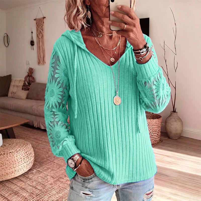 Top femme à capuche avec manches dentelle florale