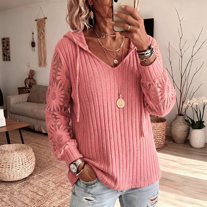 Top femme à capuche avec manches dentelle florale