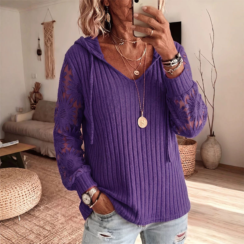 Top femme à capuche avec manches dentelle florale
