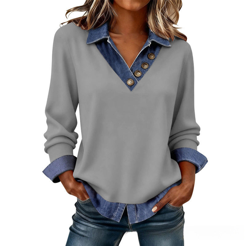 Chemise femme effet superposé avec col denim
