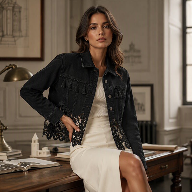 Veste femme en denim avec dentelle ajourée