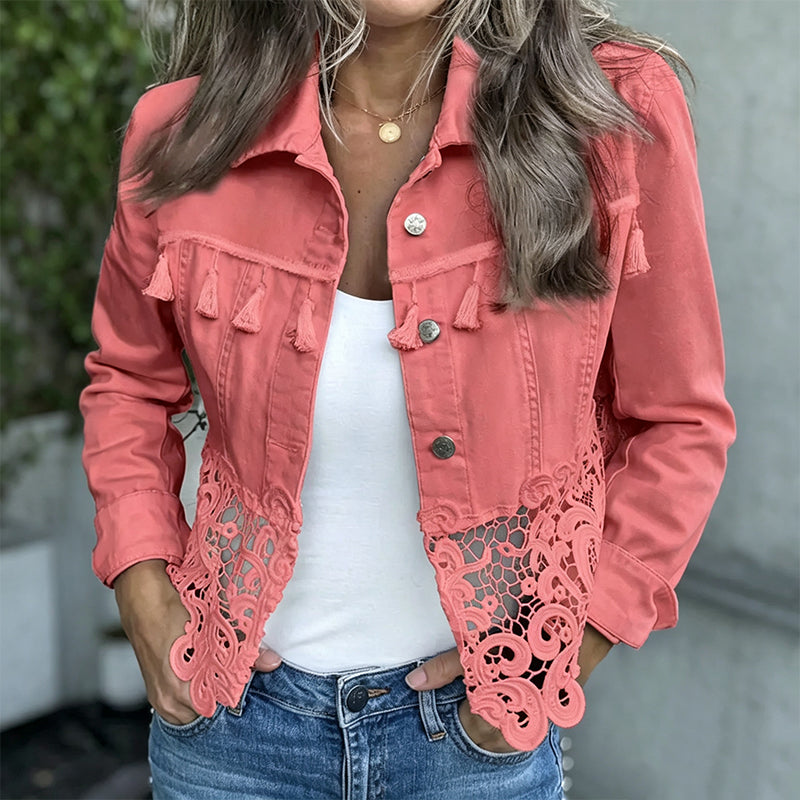 Veste femme en denim avec dentelle ajourée