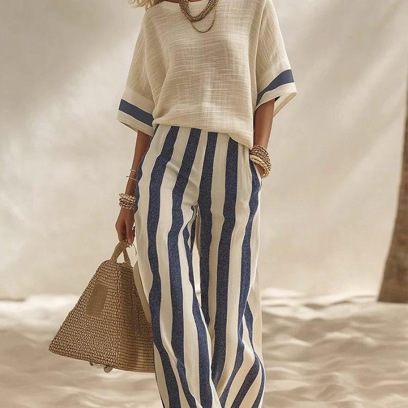 Ensemble femme rayé avec pantalon large fluide