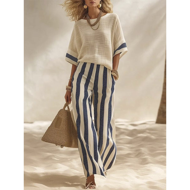 Ensemble femme rayé avec pantalon large fluide