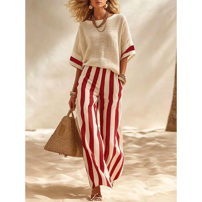 Ensemble femme rayé avec pantalon large fluide
