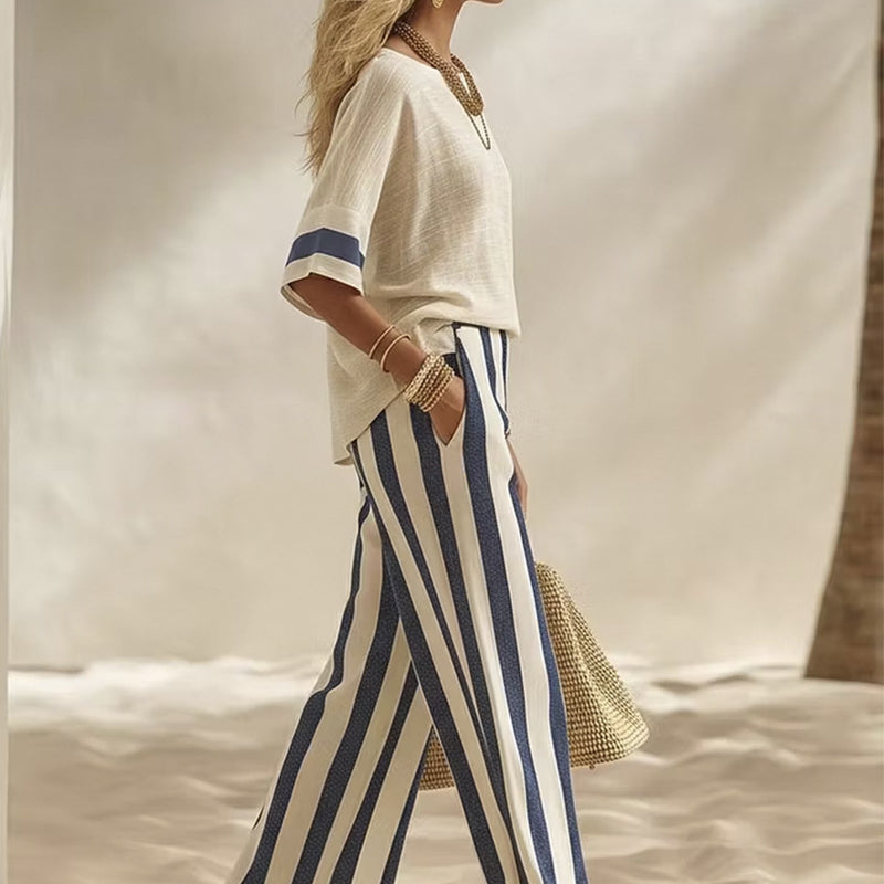 Ensemble femme rayé avec pantalon large fluide
