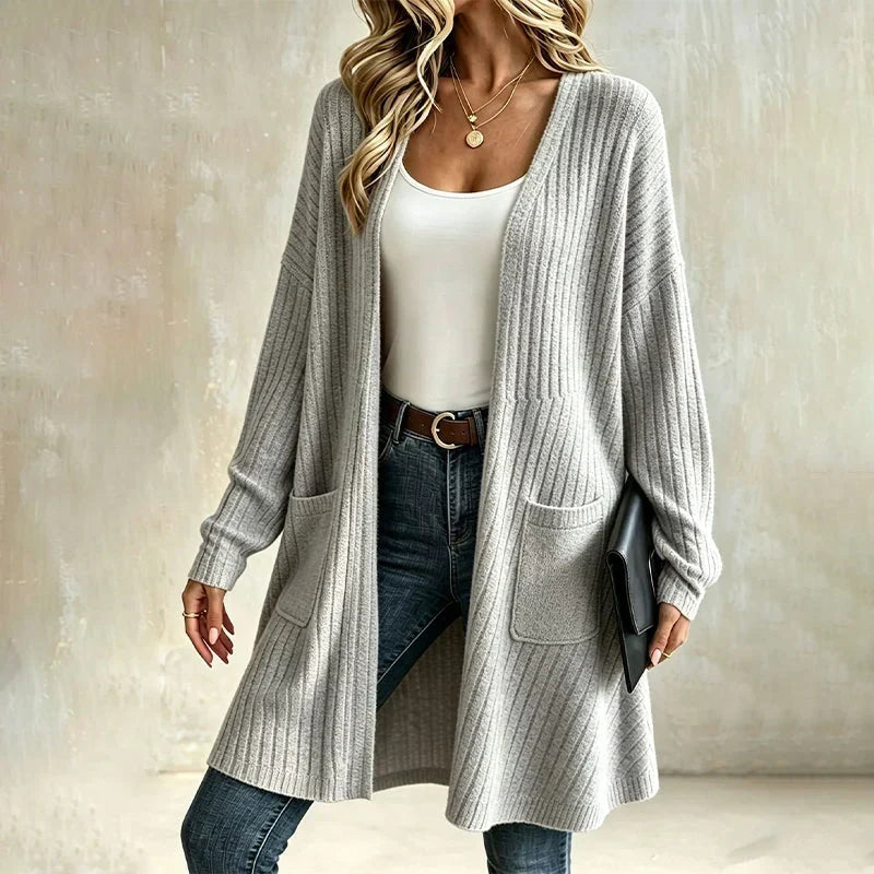 Cardigan long femme côtelé avec poches