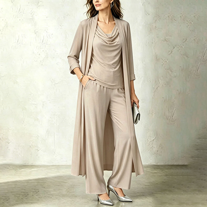 Ensemble trois pièces femme avec cardigan long et pantalon fluide