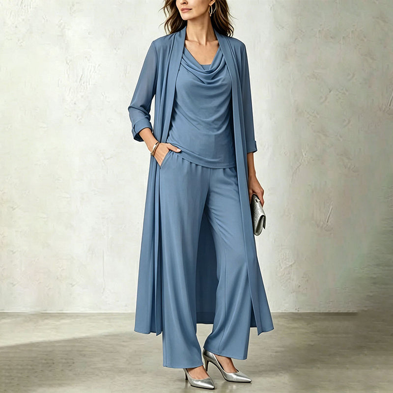 Ensemble trois pièces femme avec cardigan long et pantalon fluide