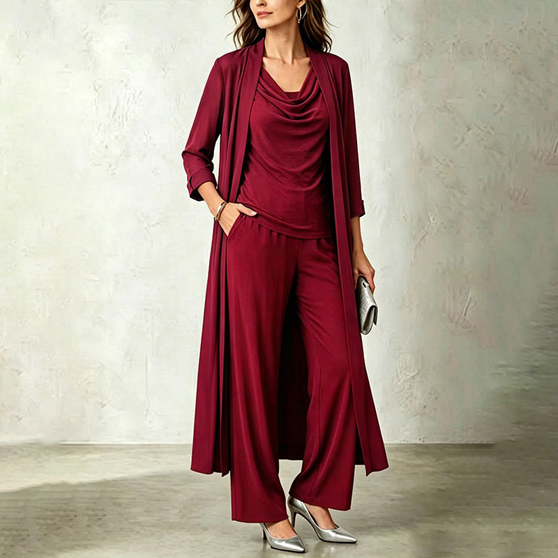 Ensemble trois pièces femme avec cardigan long et pantalon fluide