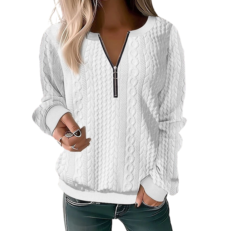 Sweat femme en maille torsadée avec col demi-zip