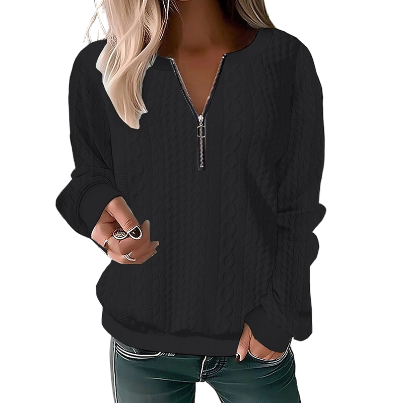 Sweat femme en maille torsadée avec col demi-zip
