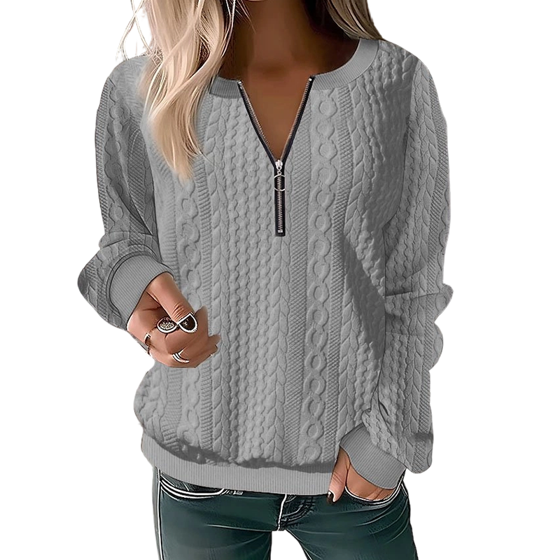 Sweat femme en maille torsadée avec col demi-zip
