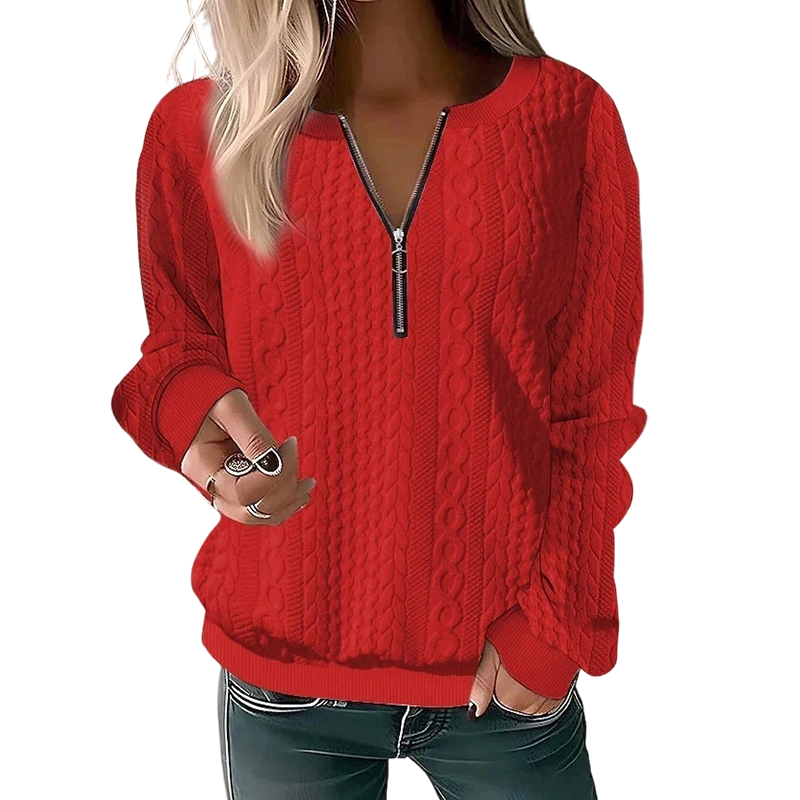 Sweat femme en maille torsadée avec col demi-zip