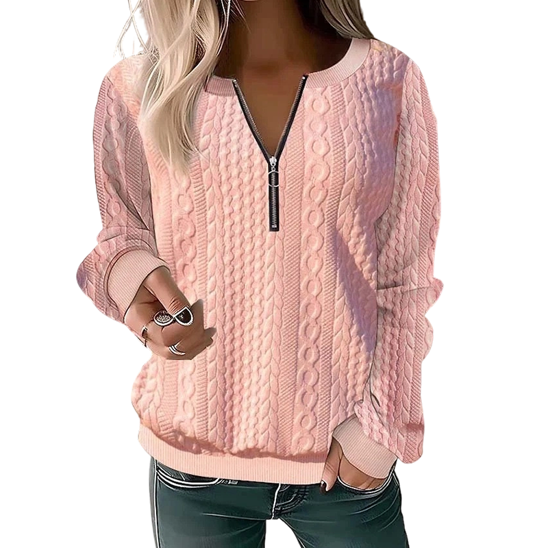 Sweat femme en maille torsadée avec col demi-zip