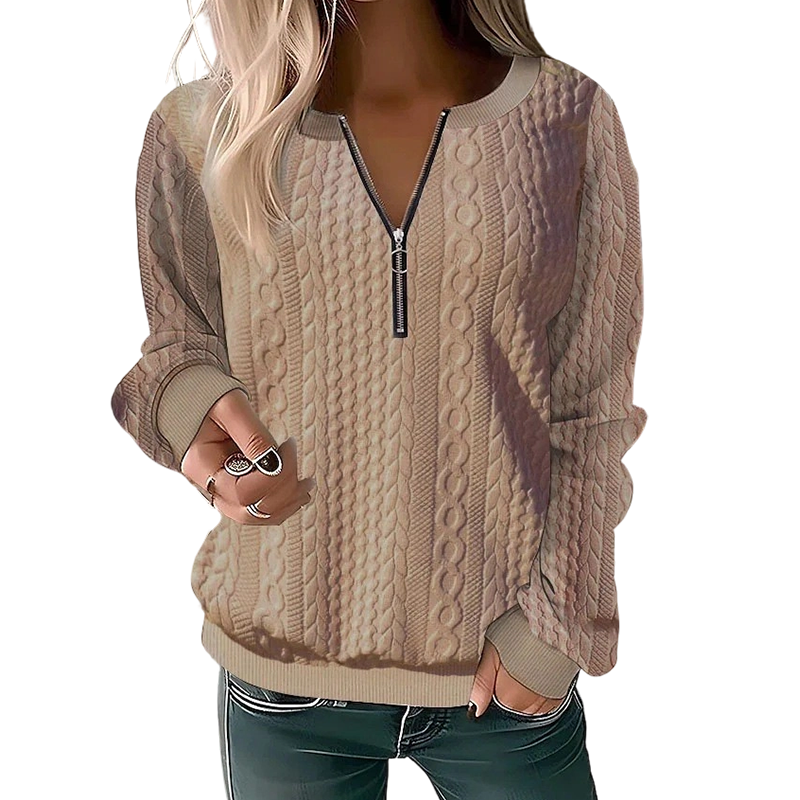 Sweat femme en maille torsadée avec col demi-zip
