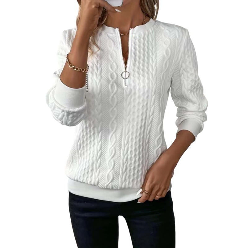 Sweat femme en maille torsadée avec col demi-zip
