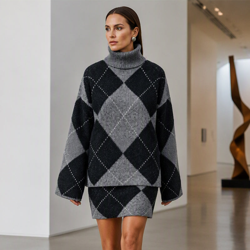 Ensemble femme en maille argyle avec jupe assortie