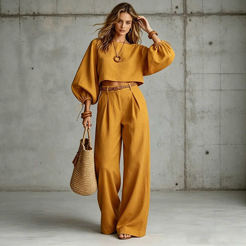 Ensemble femme deux pièces avec haut court et pantalon large