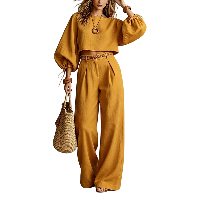 Ensemble femme deux pièces avec haut court et pantalon large
