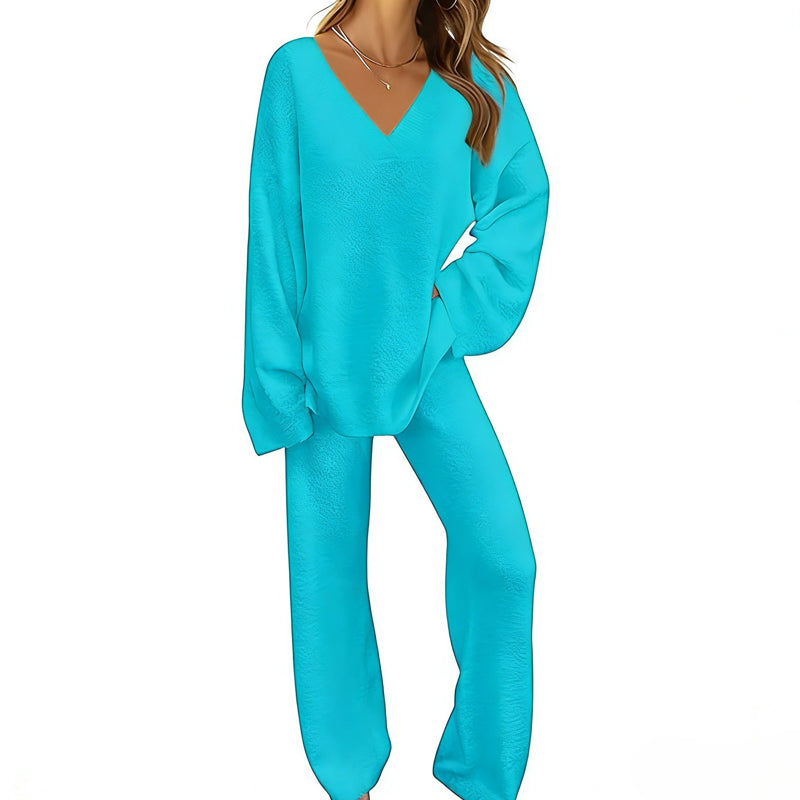 Ensemble en maille femme avec pull col V et pantalon large