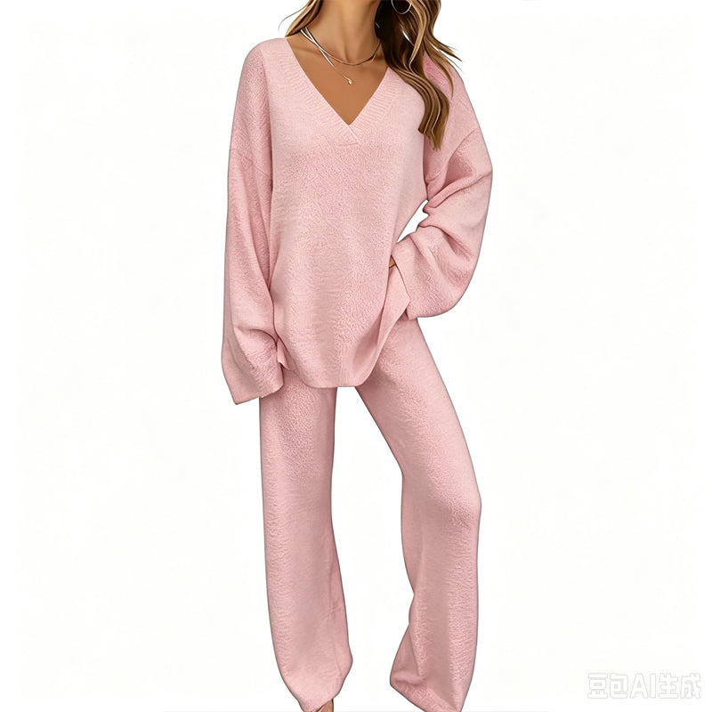 Ensemble en maille femme avec pull col V et pantalon large