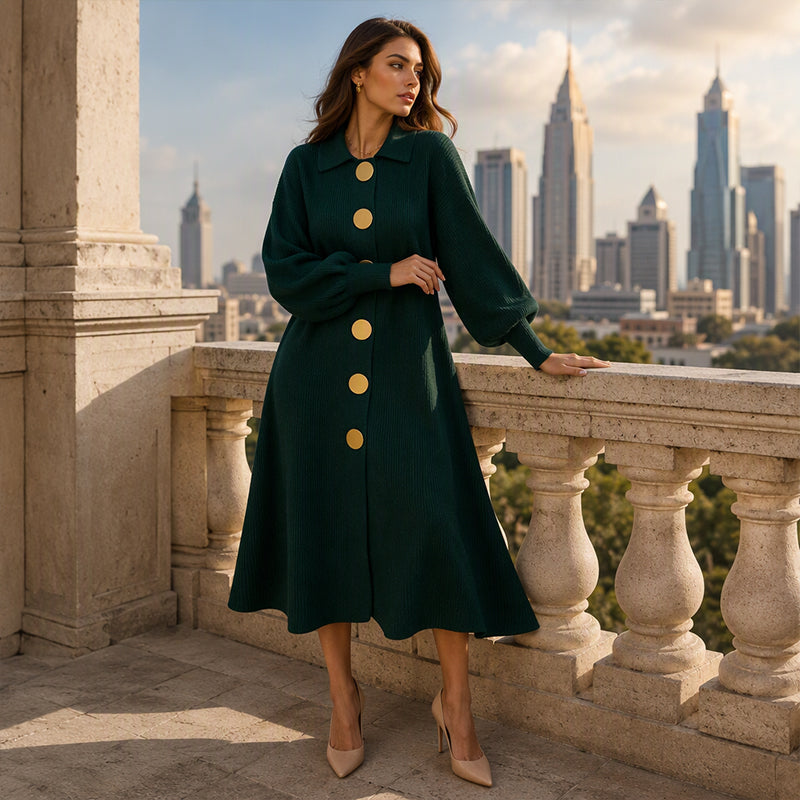 Robe longue femme en maille côtelée boutonnée