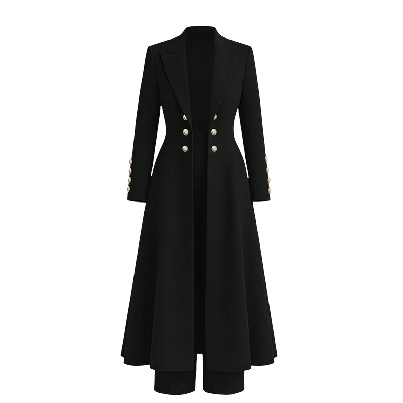 Ensemble tailleur femme avec manteau long et pantalon droit
