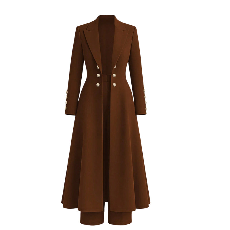 Ensemble tailleur femme avec manteau long et pantalon droit