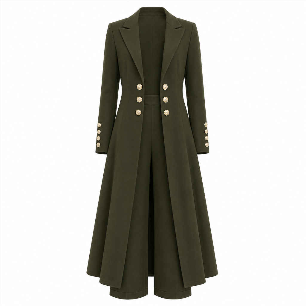 Ensemble tailleur femme avec manteau long et pantalon droit