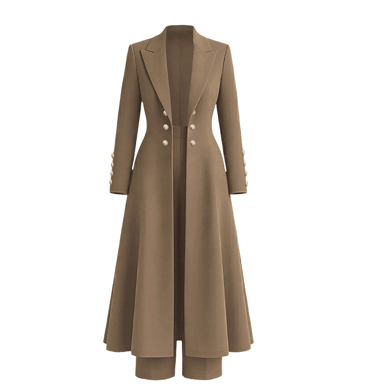 Ensemble tailleur femme avec manteau long et pantalon droit