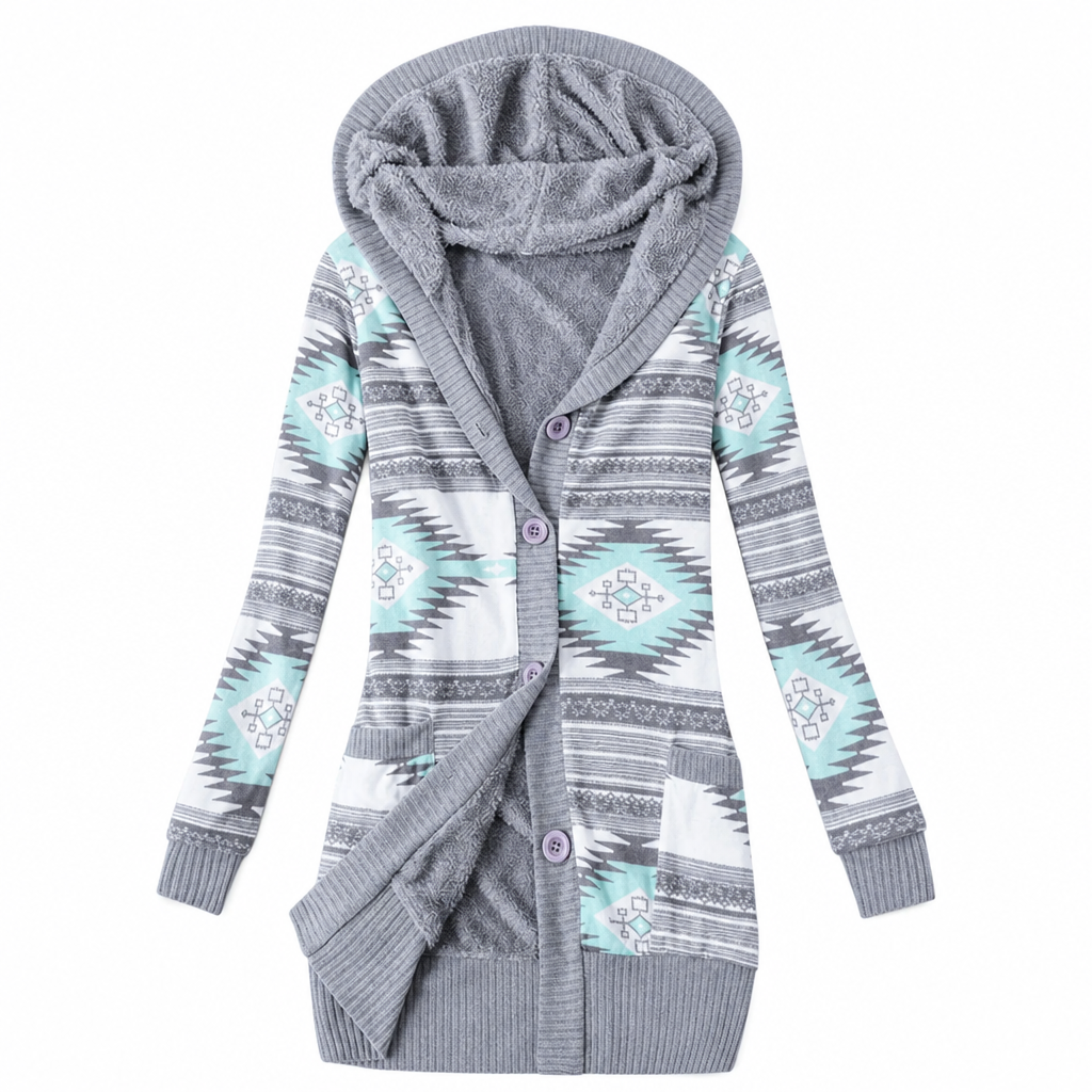 Cardigan long femme à capuche en maille jacquard