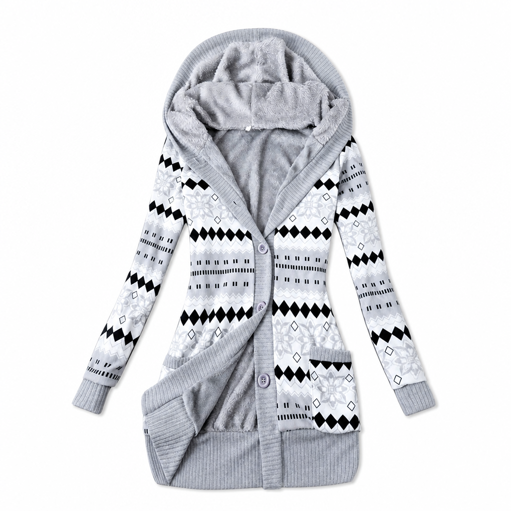 Cardigan long femme à capuche en maille jacquard