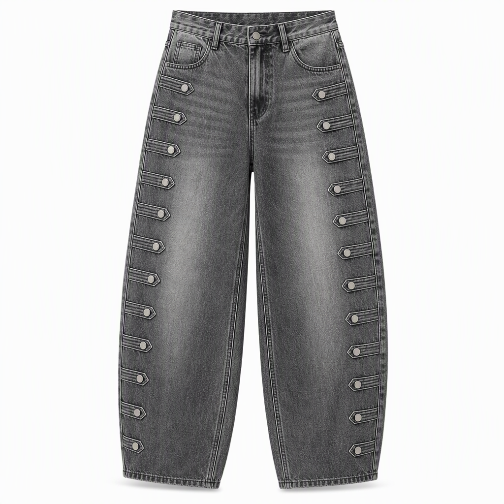 Jean ballon femme taille haute à boutons latéraux style rétro
