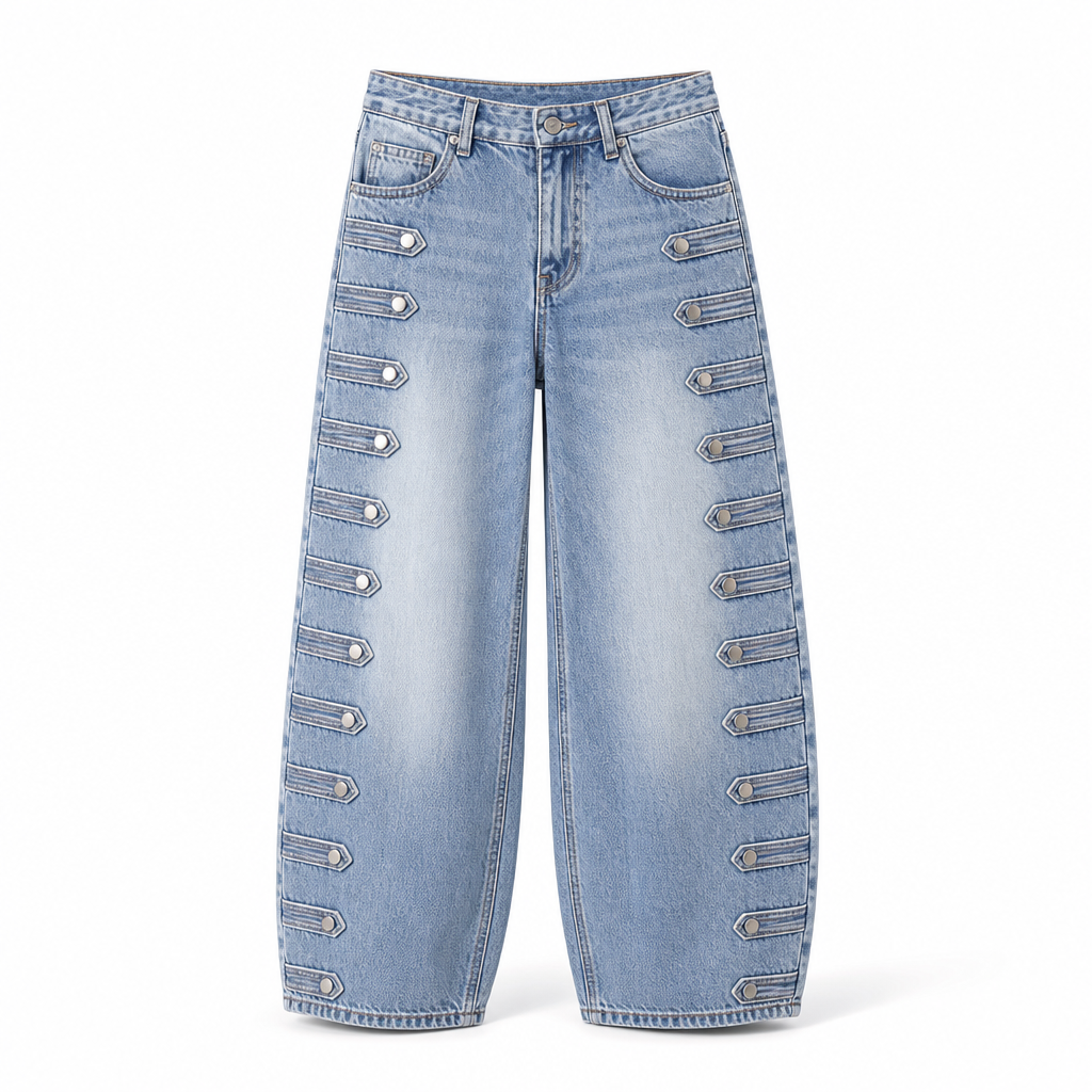 Jean ballon femme taille haute à boutons latéraux style rétro
