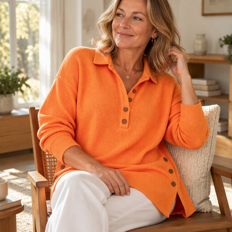 Haut femme en maille gaufrée à col polo et boutons