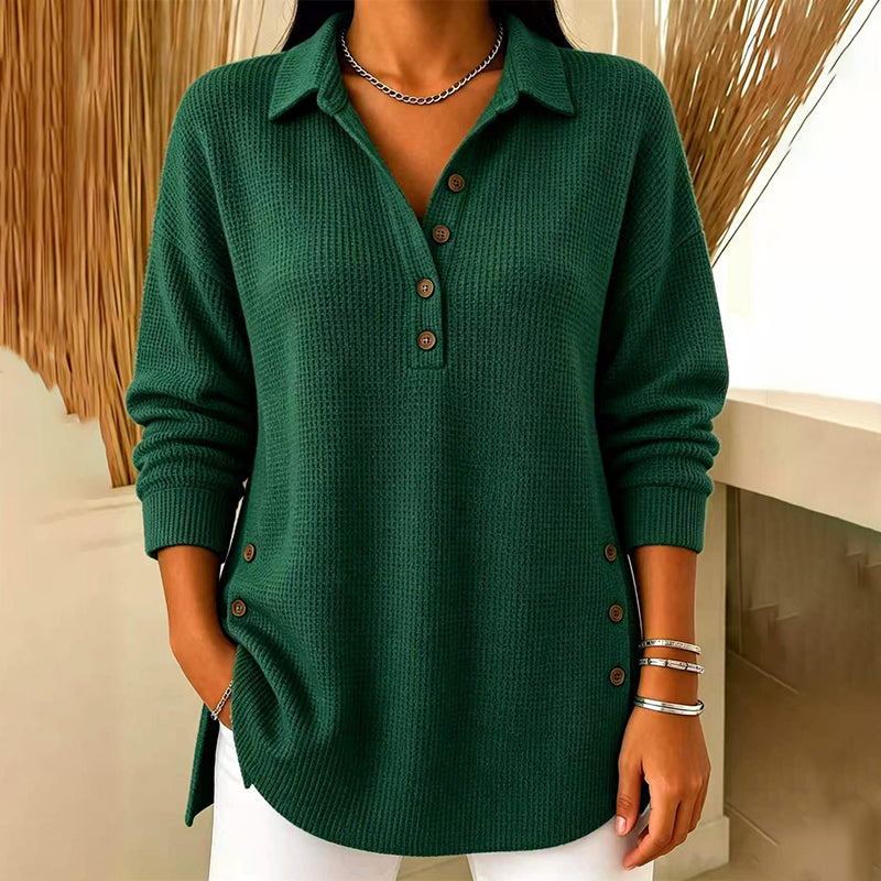 Haut femme en maille gaufrée à col polo et boutons